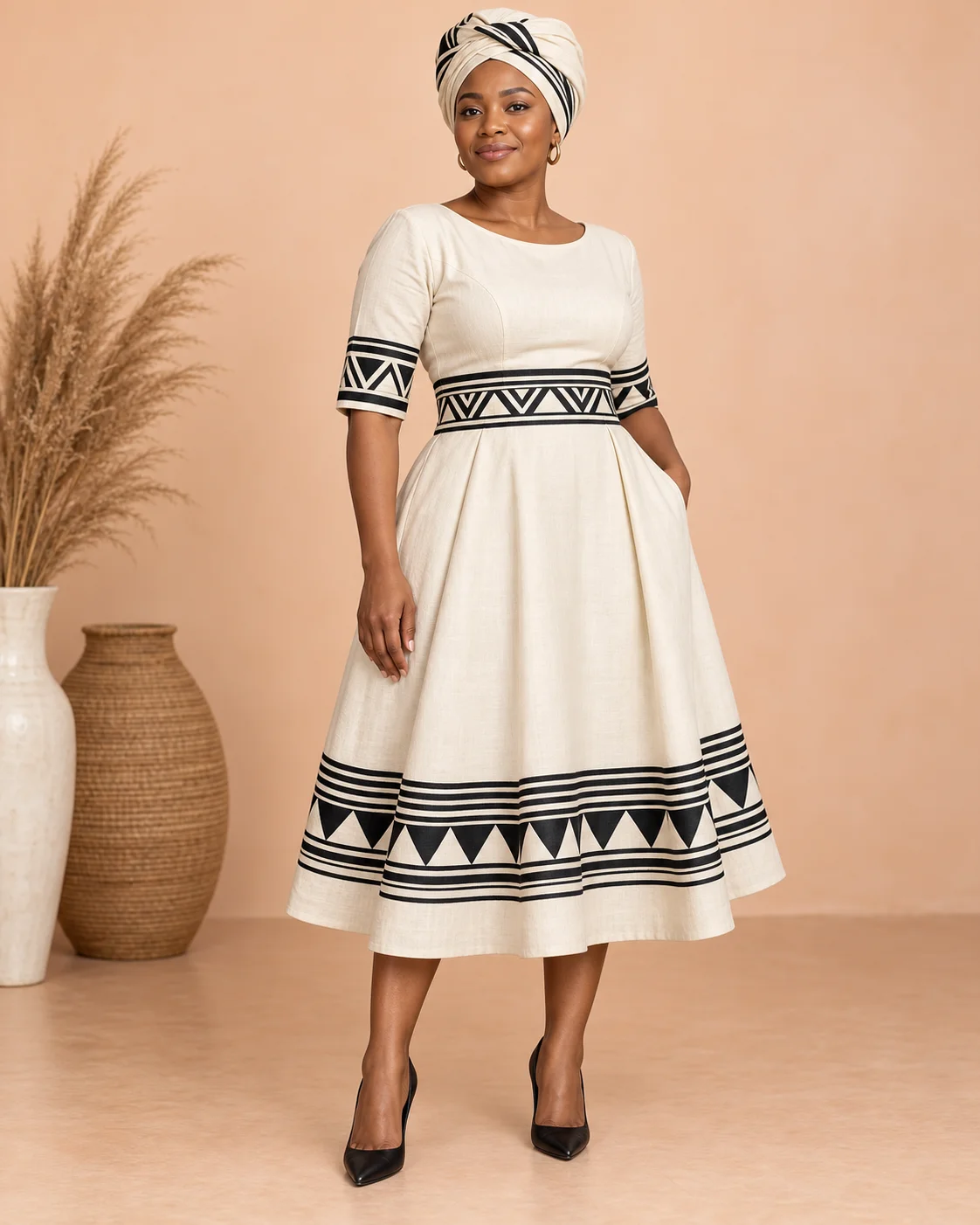 Concept photograph of a cream and black traditional-inspired dress
